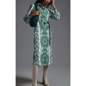 Kachel Anthropologie Printed Maxi Shirt Dress Belted Green Paisley Buttons Sz S